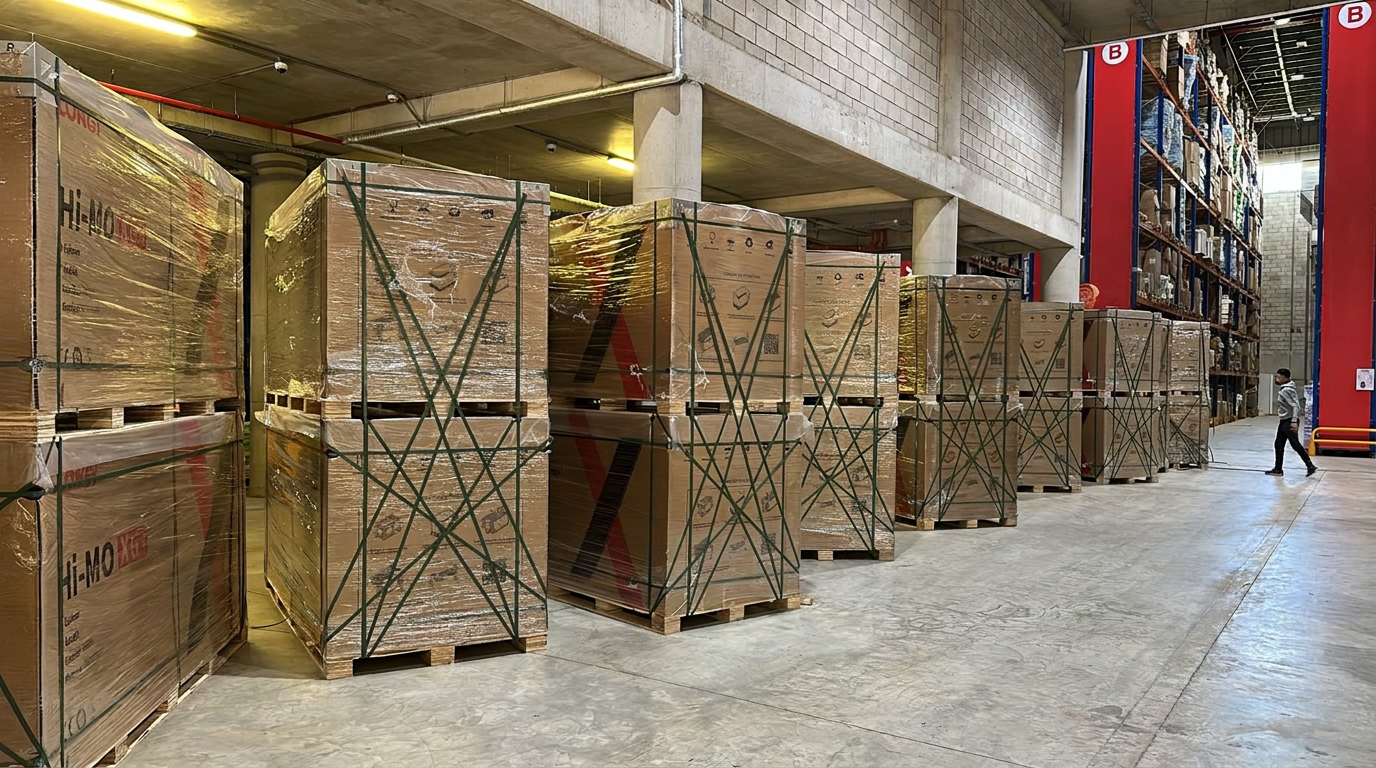 Palletised solar and battery stock in the GreenWise warehouse, Beirut